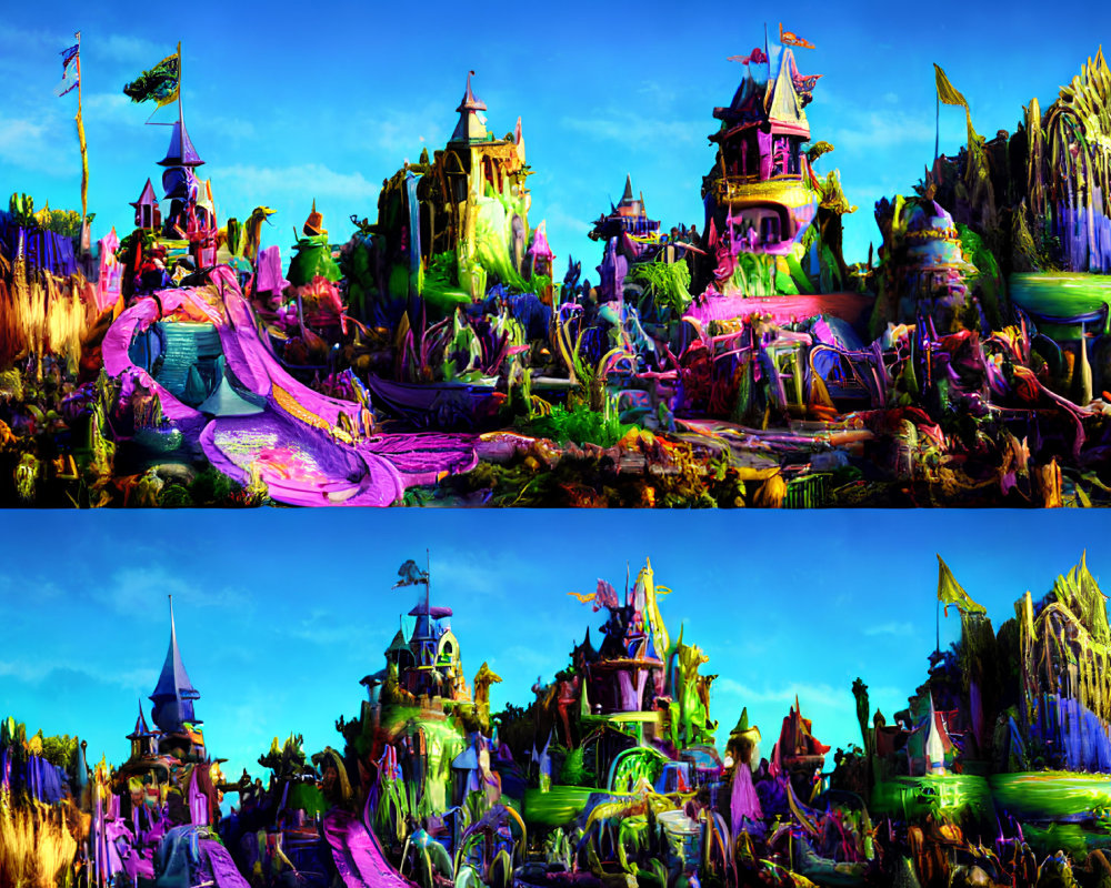 Colorful Fantasy Landscape with Whimsical Castles and Magical Structures