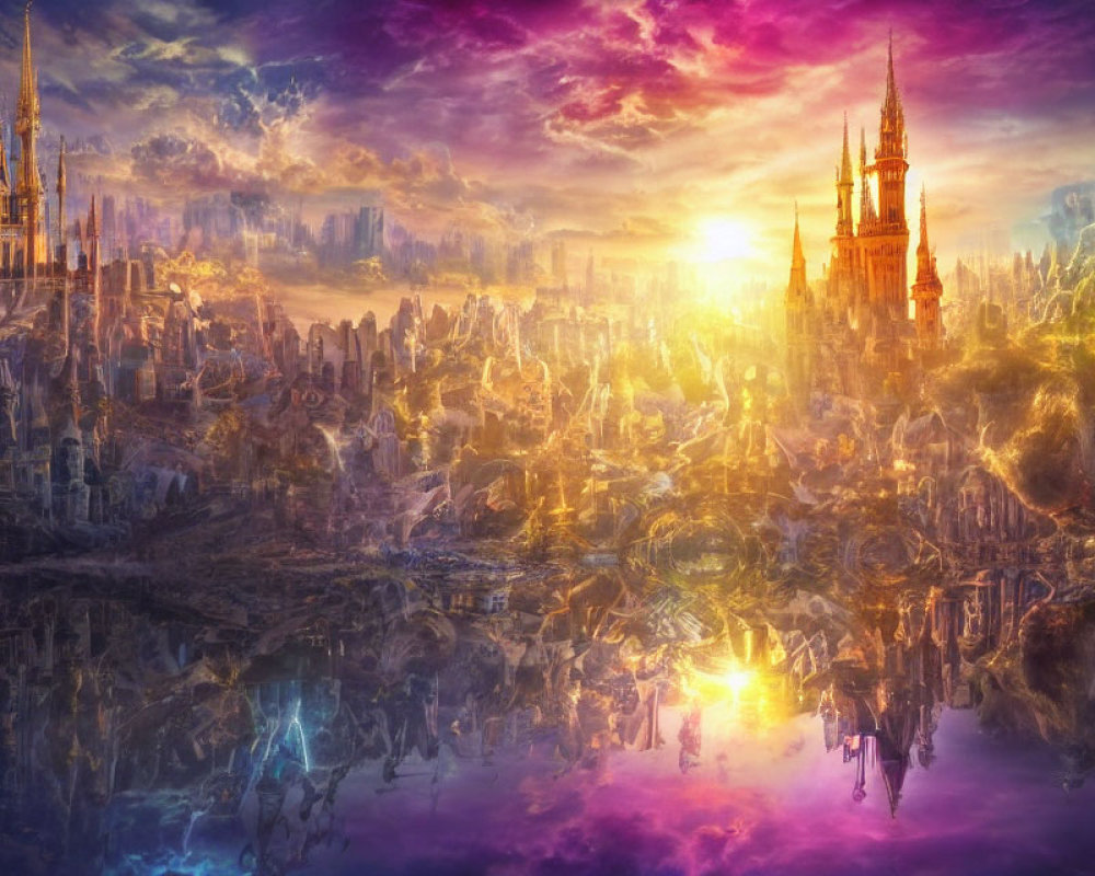 Majestic fantasy landscape with spires, water, and sunset