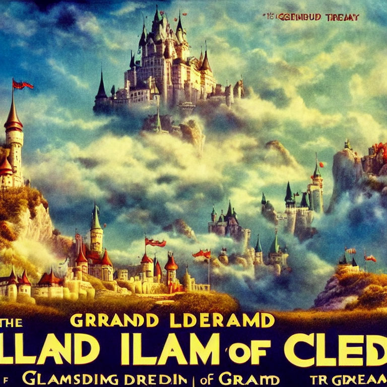 Majestic castle on cliff with stylized text in fantasy movie poster