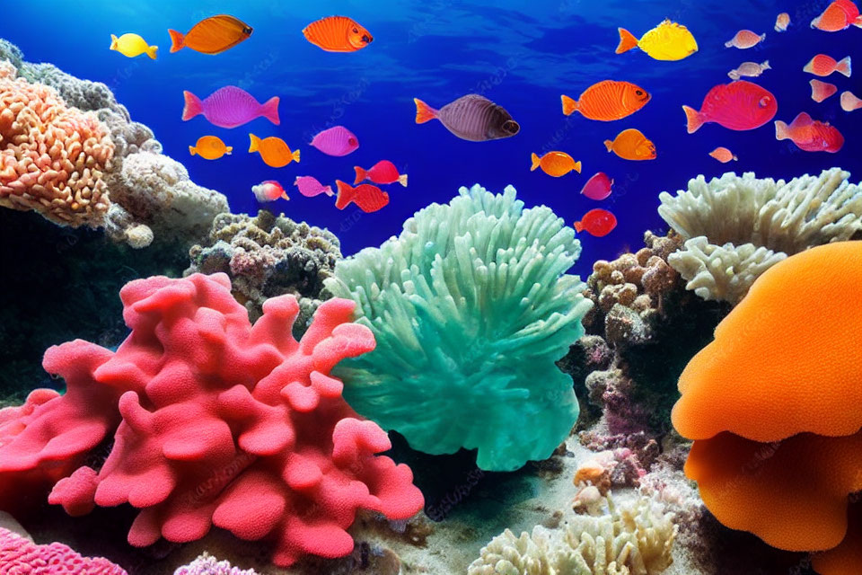 Colorful Fish and Coral Reef in Clear Blue Water