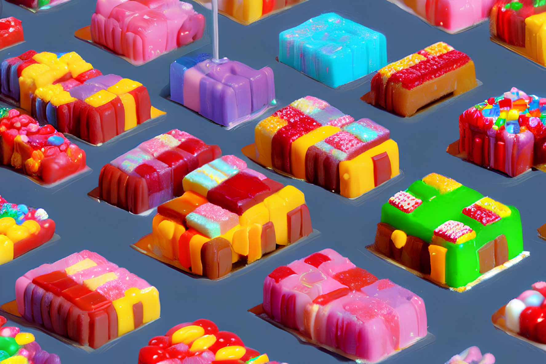 Vibrant 3D digital cakes with colorful textures and toppings