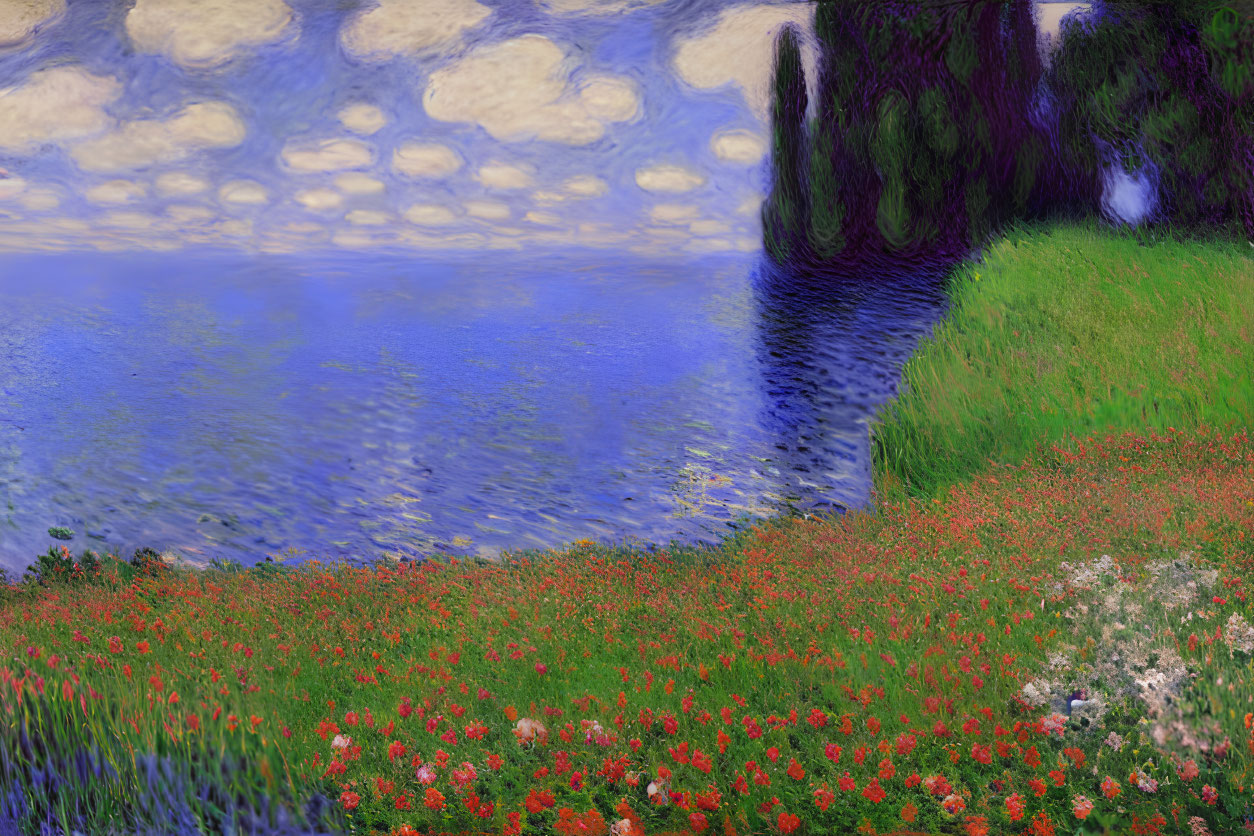 Vibrant Impressionist Landscape with Red Flowers and Blue Water