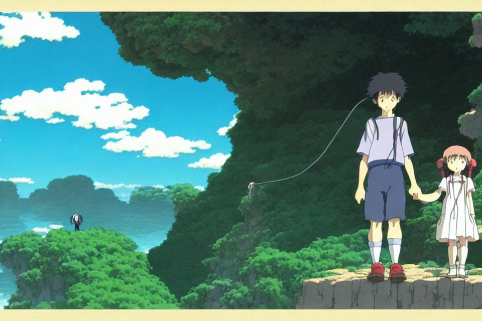 Animated boy and girl on grassy ledge with forest background