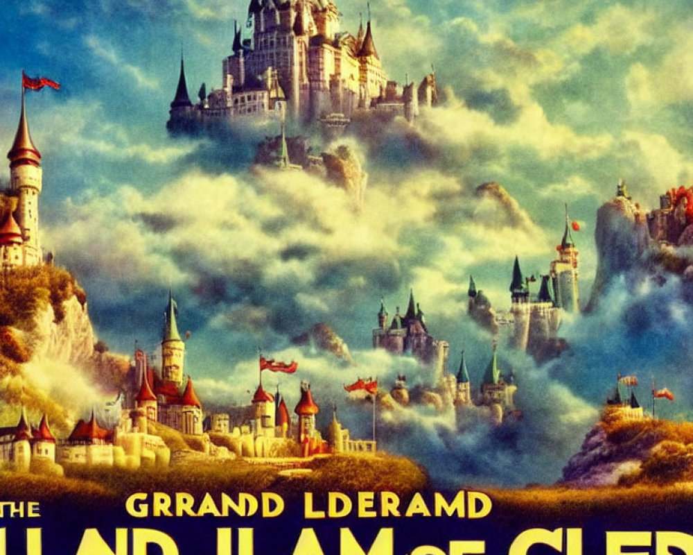 Majestic castle on cliff with stylized text in fantasy movie poster