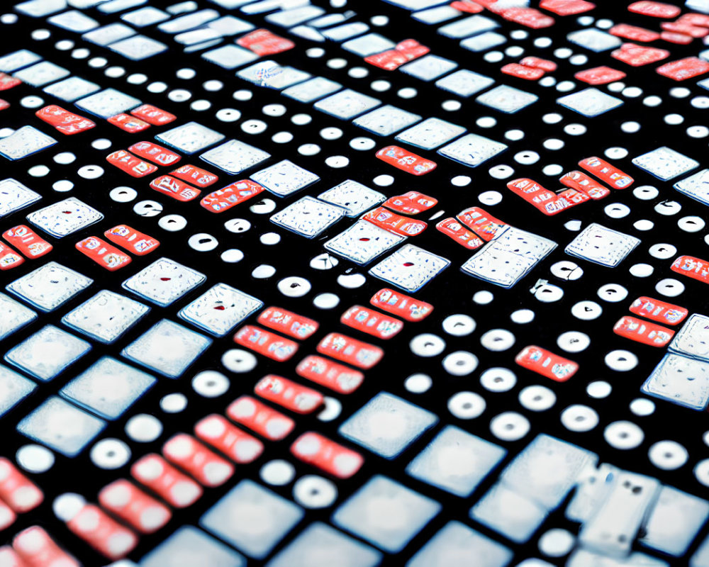 Scattered Red and White Dominoes on Black Surface