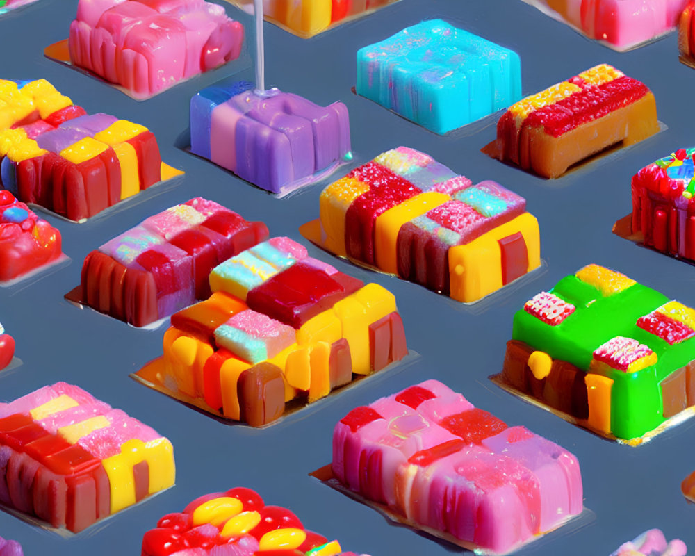 Vibrant 3D digital cakes with colorful textures and toppings