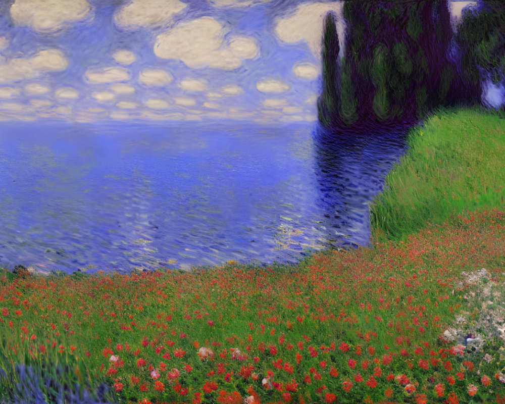 Vibrant Impressionist Landscape with Red Flowers and Blue Water