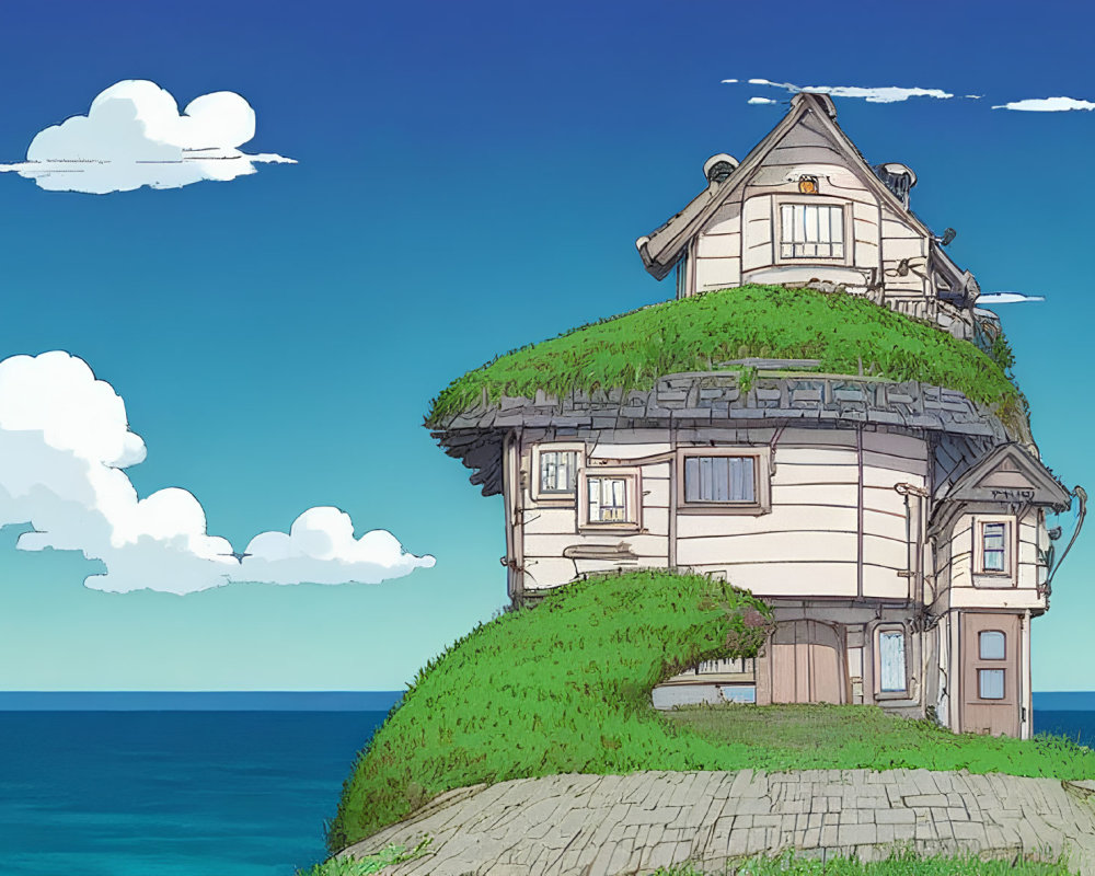 Whimsical two-story house with grass-covered roof on seaside cliff