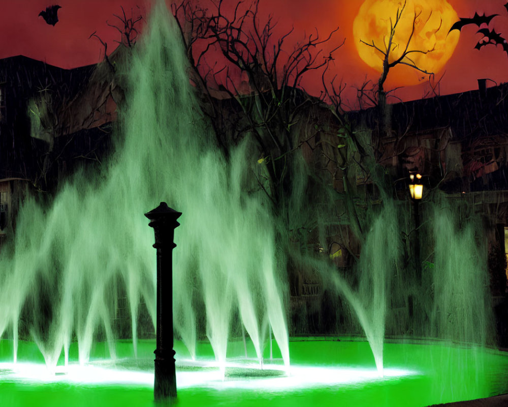 Eerie Halloween scene with green-lit fountain, bats, and orange sky