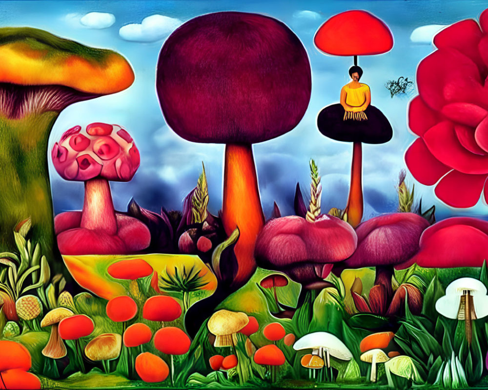 Colorful surreal illustration: oversized mushrooms, flowers, small figure with umbrella