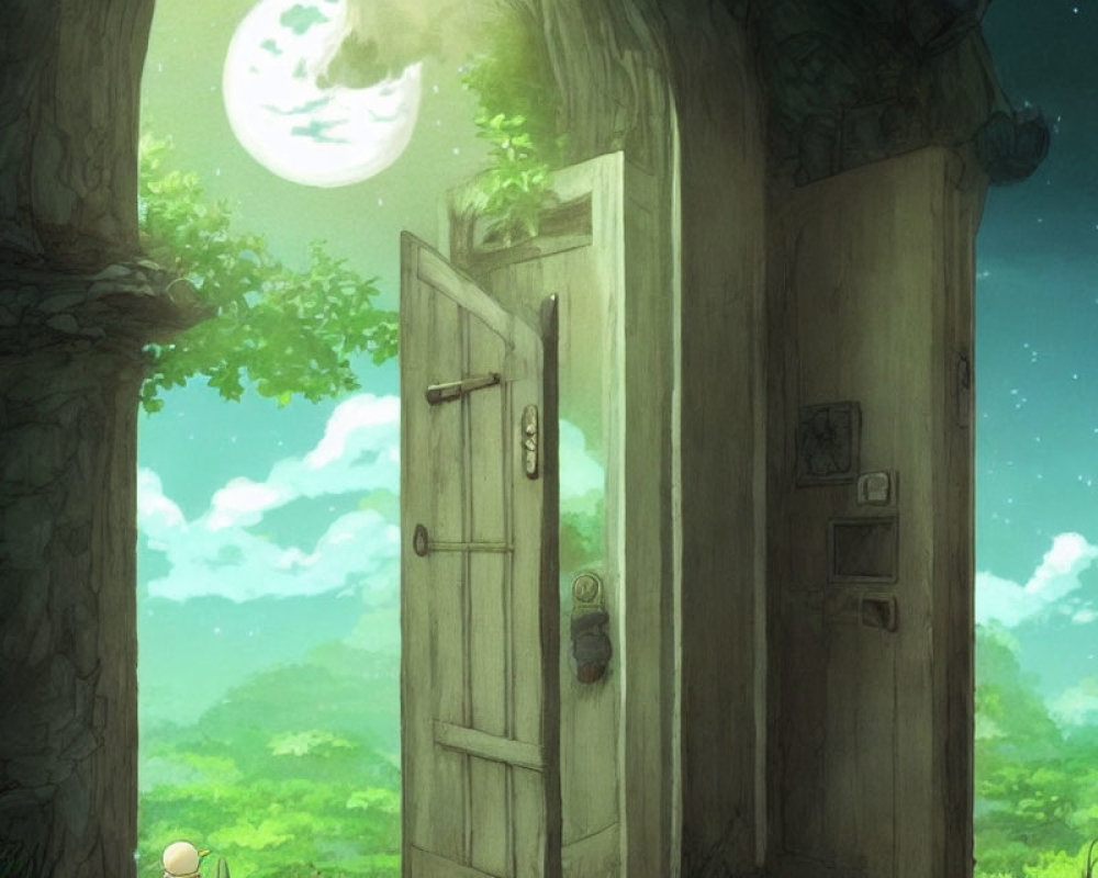 Enchanting image of open door in tree trunk leading to moonlit forest