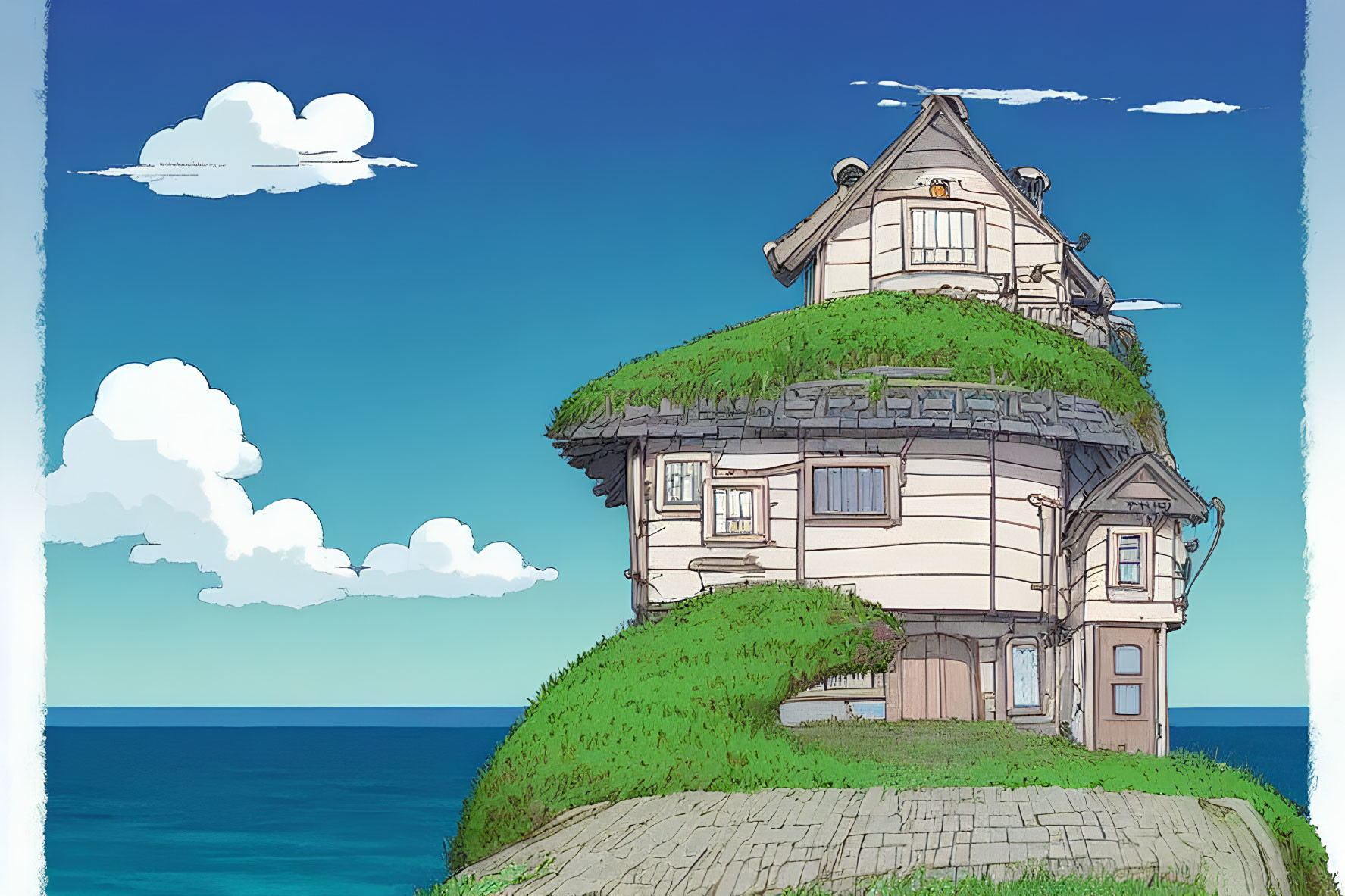 Whimsical two-story house with grass-covered roof on seaside cliff