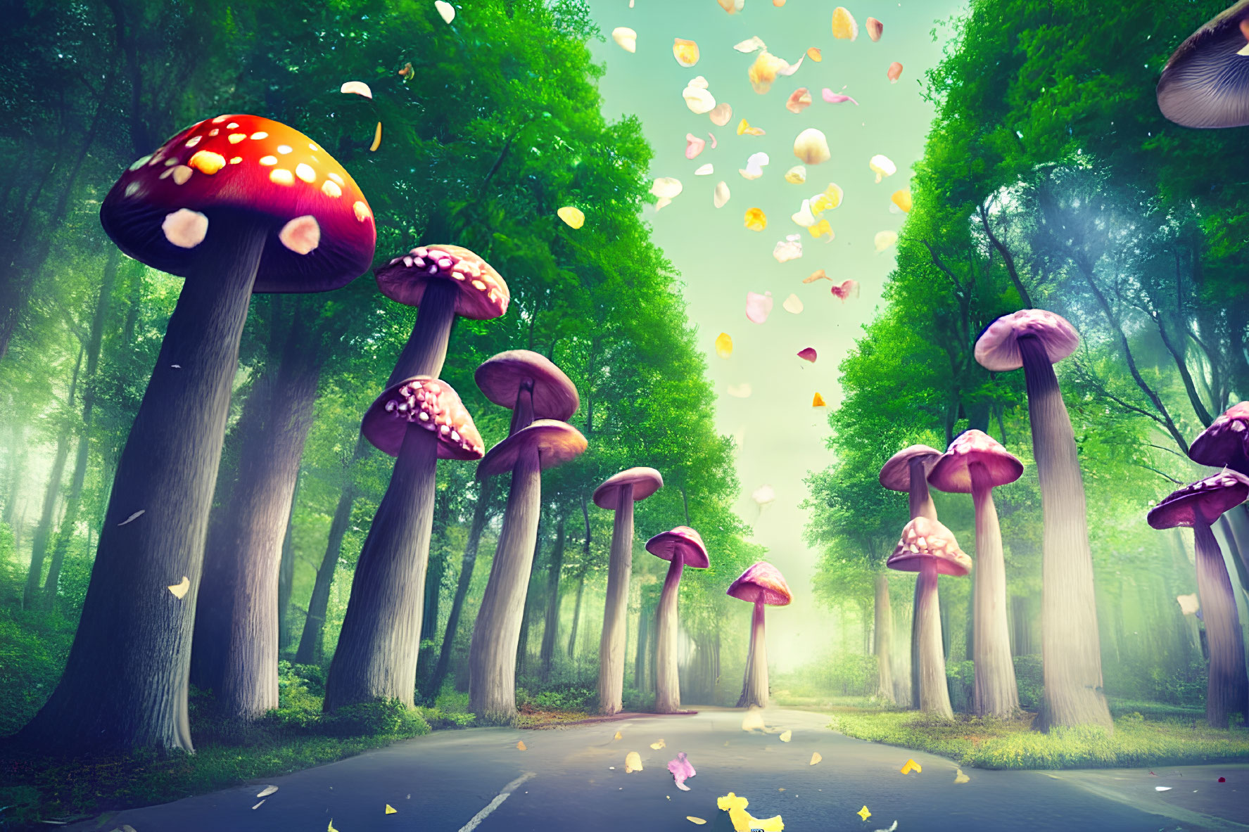 Colorful Mushroom Forest Scene with Misty Green Light