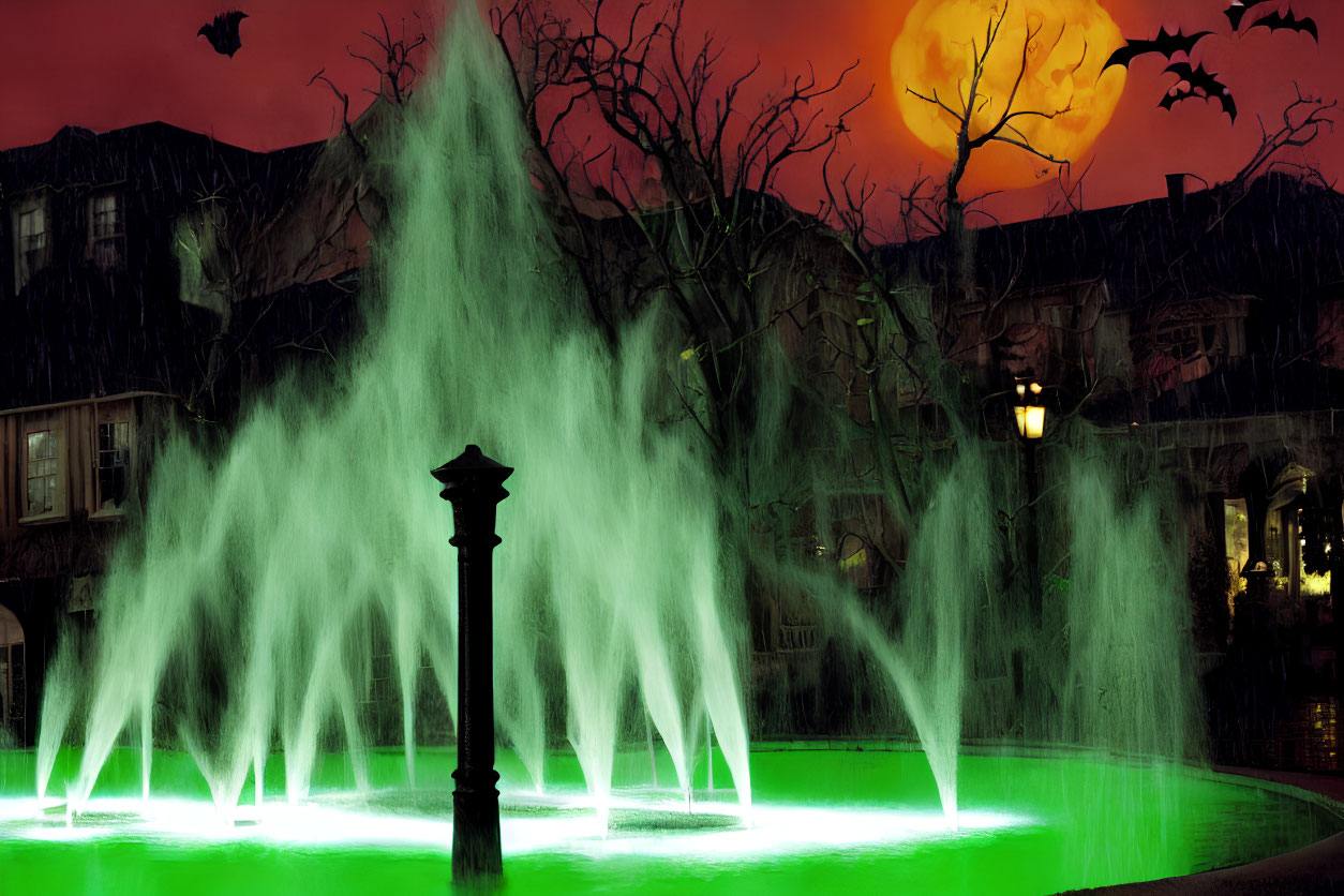 Eerie Halloween scene with green-lit fountain, bats, and orange sky