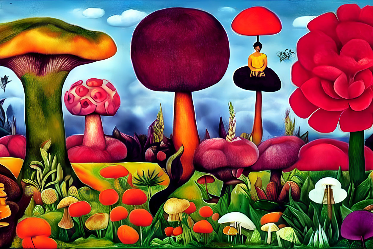 Colorful surreal illustration: oversized mushrooms, flowers, small figure with umbrella