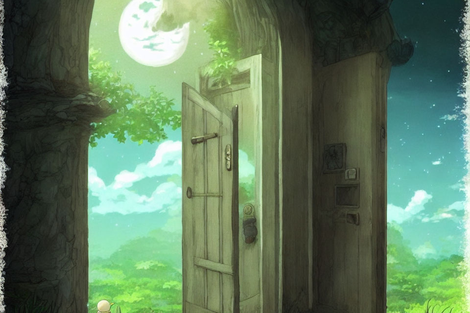 Enchanting image of open door in tree trunk leading to moonlit forest