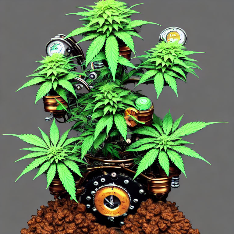 Digital art: Mechanical tree with cannabis leaves and watches on soil base