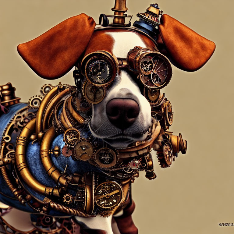 Steampunk-inspired dog with goggles and mechanical adornments on tan background