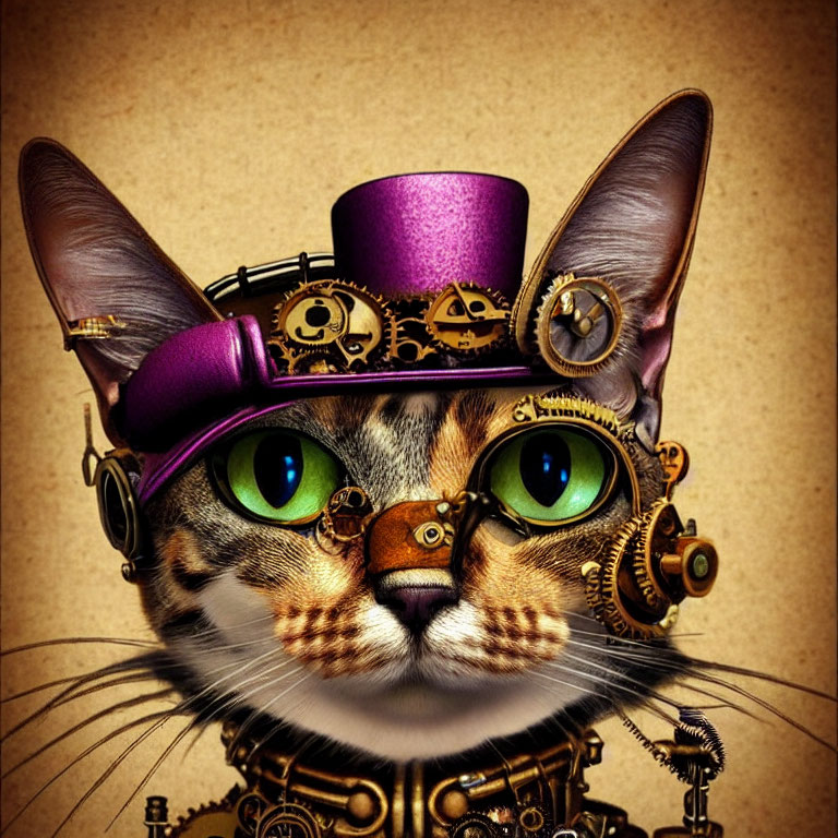 Steampunk-themed cat digital artwork with green eyes and purple hat