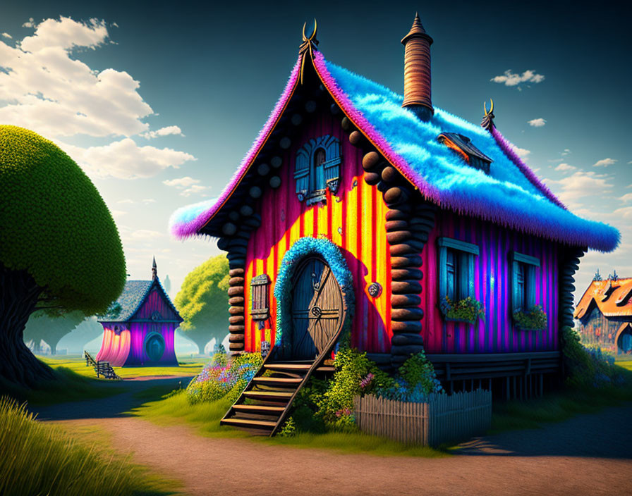 Colorful Striped Fantasy House Illustration with Thatched Roof