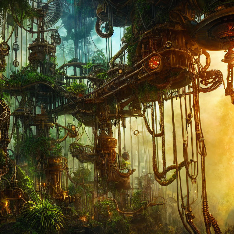 Verdant jungle with steampunk machinery and golden light