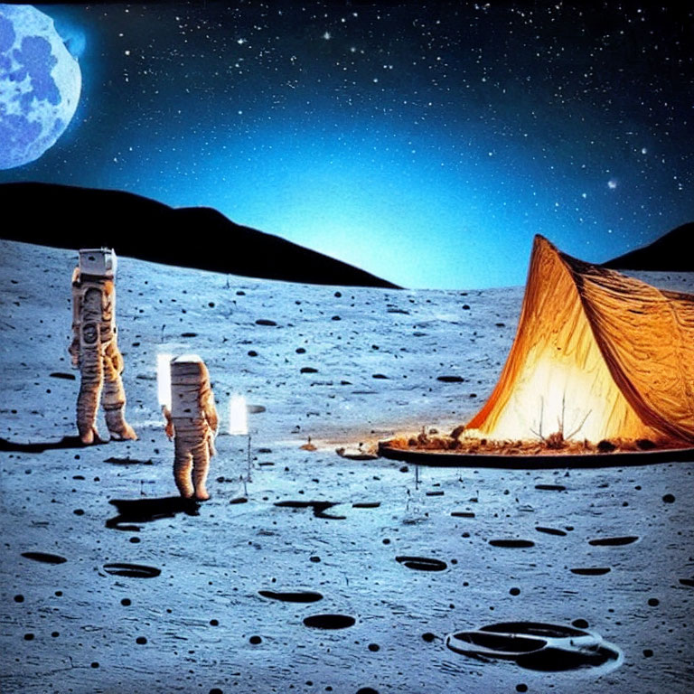 Astronaut beside glowing moon tent under starry sky with Earth visible