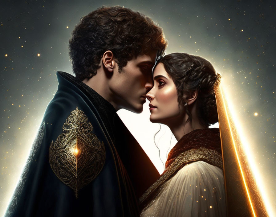 Intimate historical and fantasy figures against starry backdrop