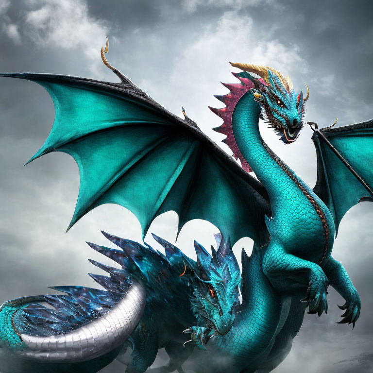 Turquoise Dragon with Dark Teal Wings Against Stormy Sky