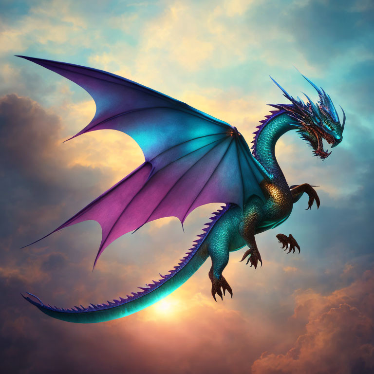 Iridescent blue-green dragon with purple wings in dramatic sky