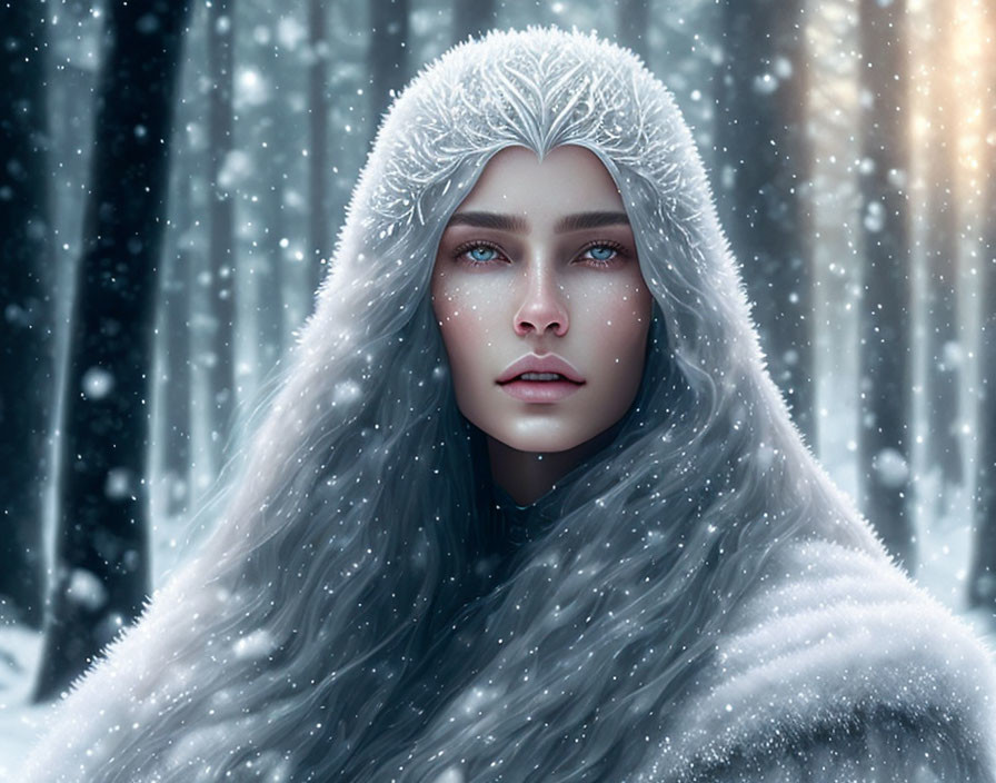 Woman with pale skin and blue eyes in frost-covered fur hood in snowy forest.