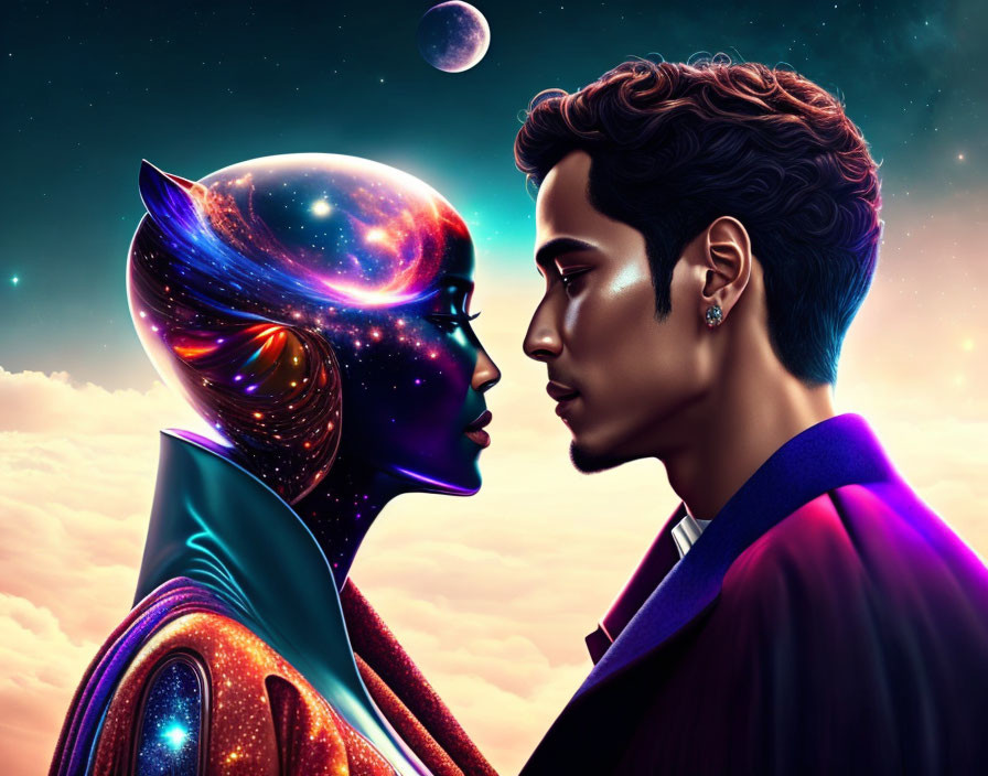 Human man and woman in cosmic-themed digital art.