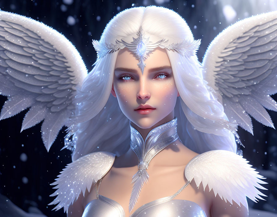 Fantastical angelic figure in silver armor and wings in snowfall