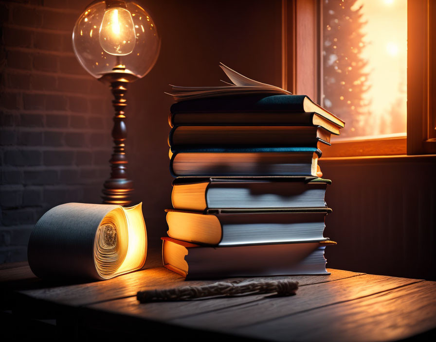 Nighttime reading nook with books, lamp, scroll, and snowy window view