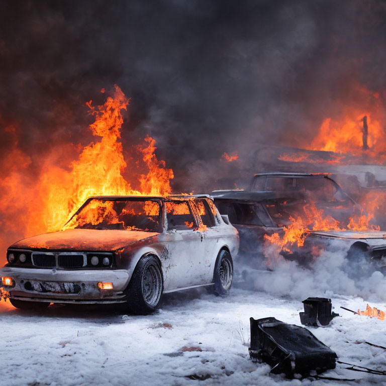 Snowy Landscape: Vehicles Engulfed in Flames and Smoke