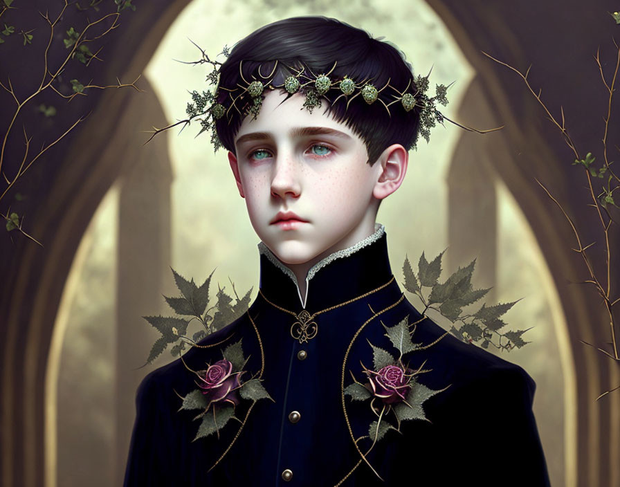 Portrait of boy with dark hair, blue eyes, black jacket, rose accents, leaf and berry crown