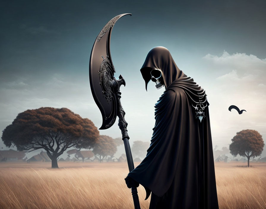 Cloaked figure with scythe in desolate landscape with tree and bird under dramatic sky