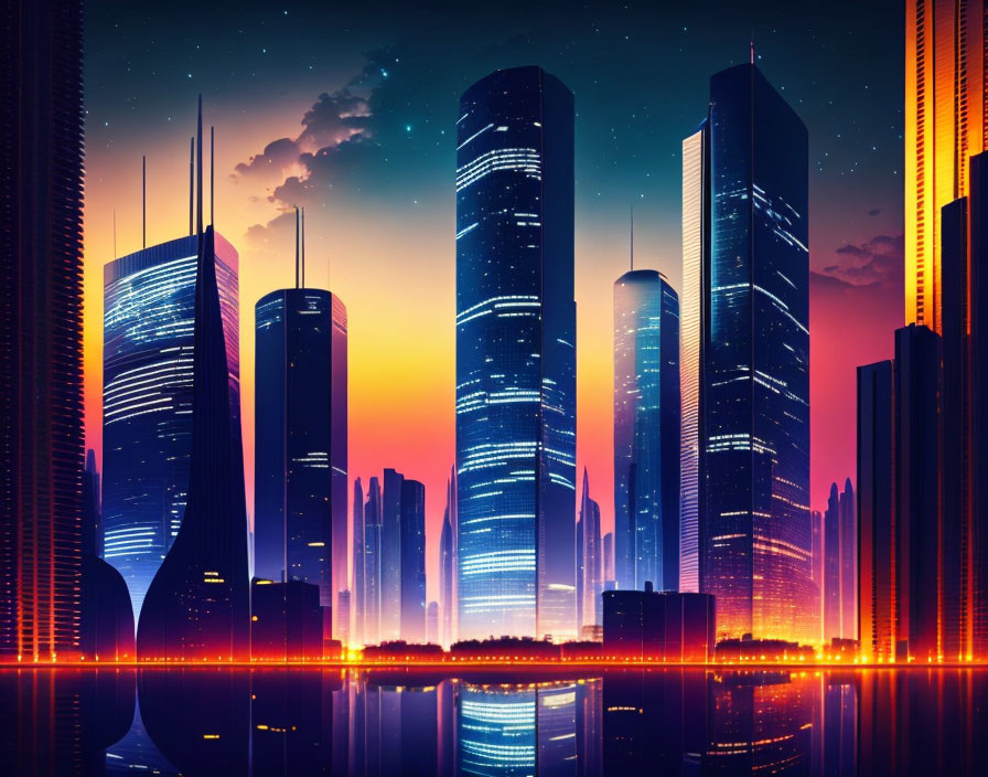 Cityscape at Dusk: Skyscrapers Reflecting on Water with Neon Lights