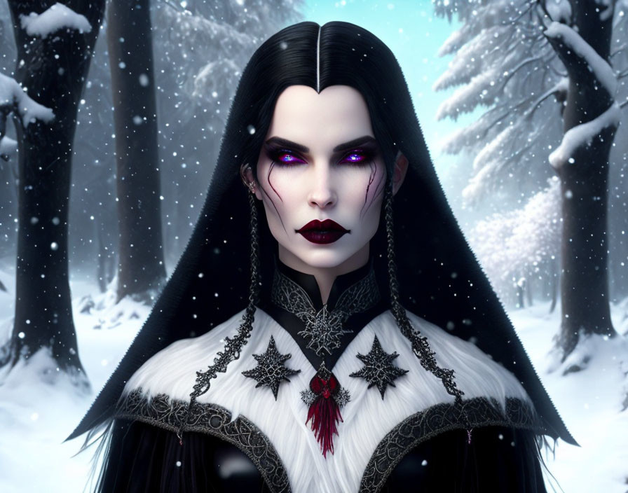 Illustration of gothic woman in snowy forest with purple eyes and ornate outfit