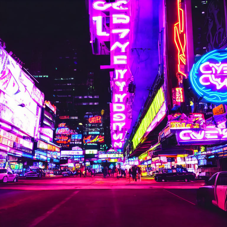 Colorful neon-lit city street scene at night with pedestrians and cars