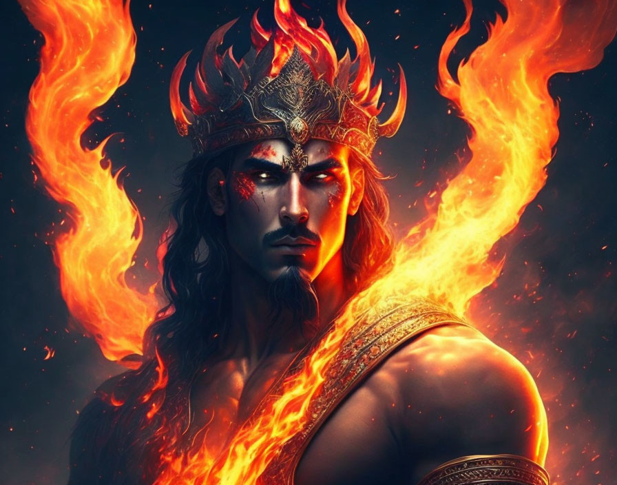 Fantasy-style artwork of a man with fiery crown and armor surrounded by flames