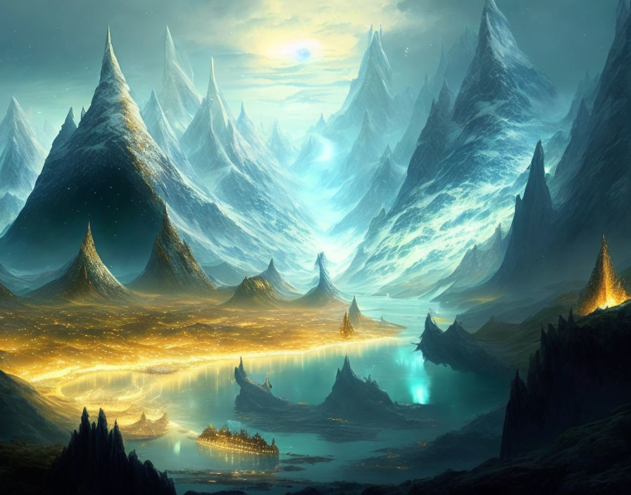 Majestic mountains, starlit sky, glowing lake, and city in fantastical landscape