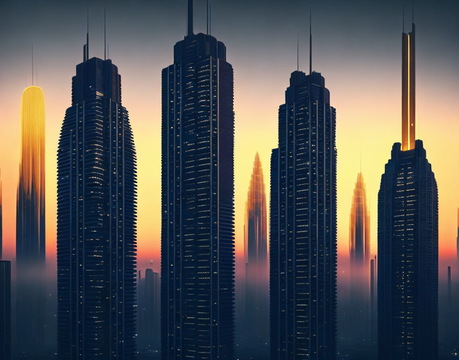 Tall skyscrapers in misty cityscape at sunrise or sunset