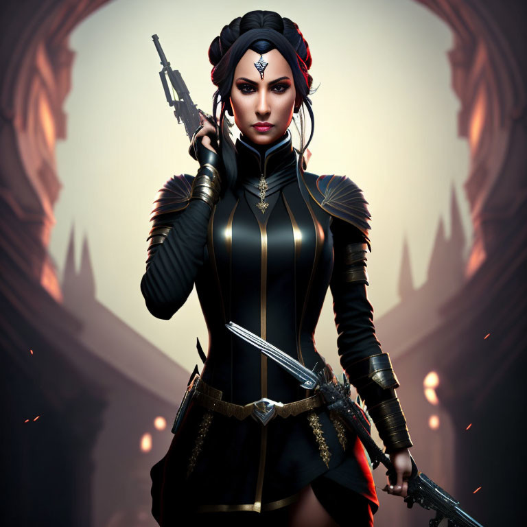 Stylized female character in black armor with gold accents, holding rifle and sword, against blurred sp