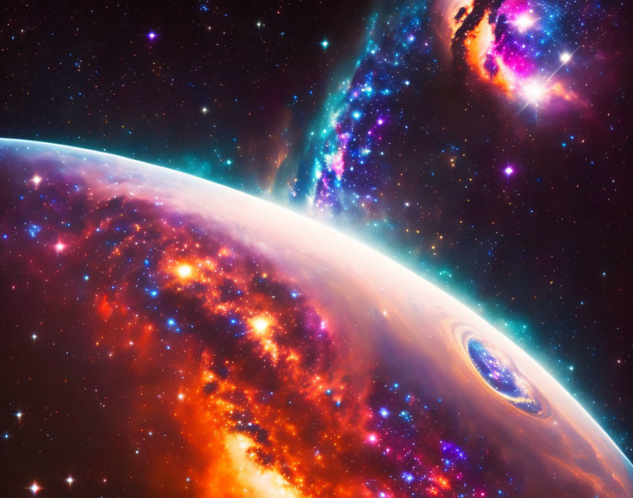 Colorful Space Scene with Glowing Planet and Nebulae