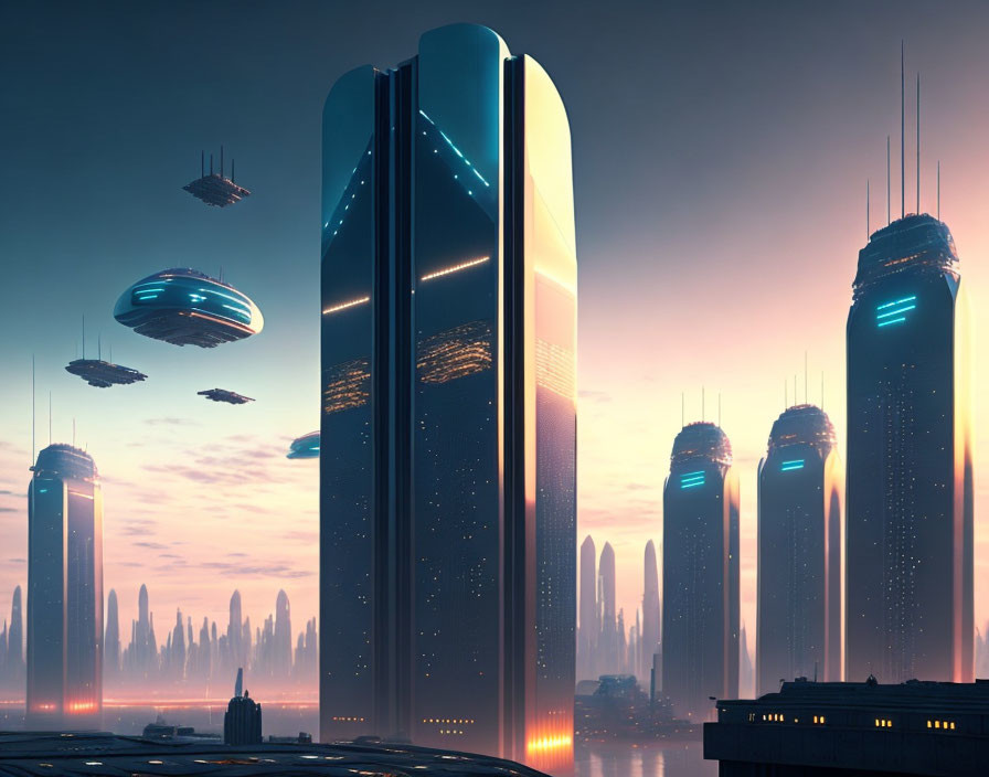 Futuristic cityscape with luminous skyscrapers and flying vehicles