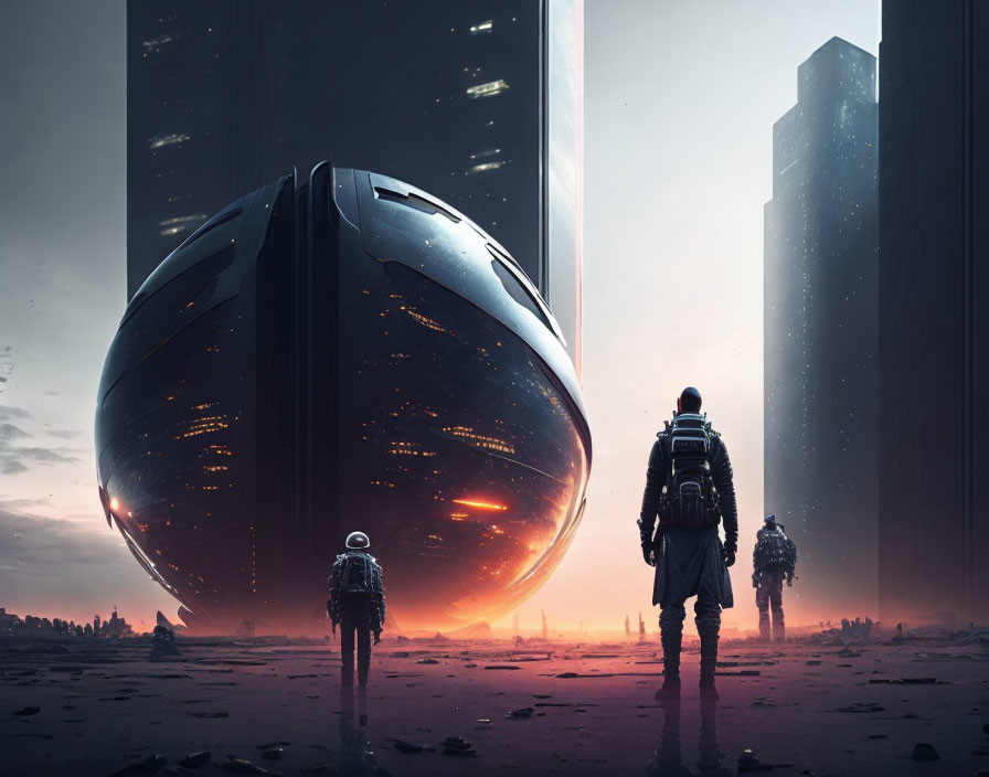 Astronauts near futuristic oval spacecraft in deserted cityscape