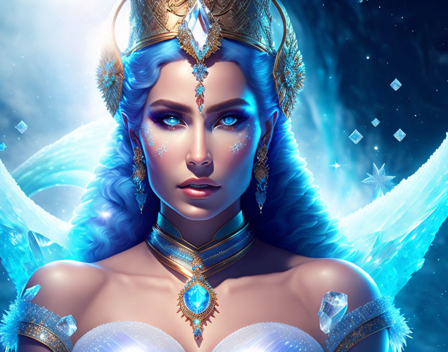 Fantasy image of woman with blue skin and hair adorned in regal golden and blue jewelry against cosmic