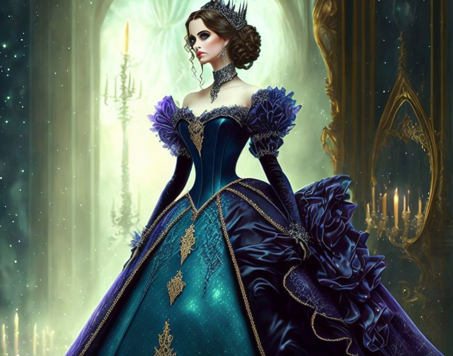 Regal woman in teal and purple gown in candlelit chamber