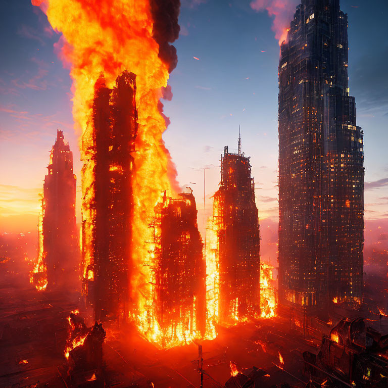 Dystopian skyscrapers ablaze in fiery sunset landscape