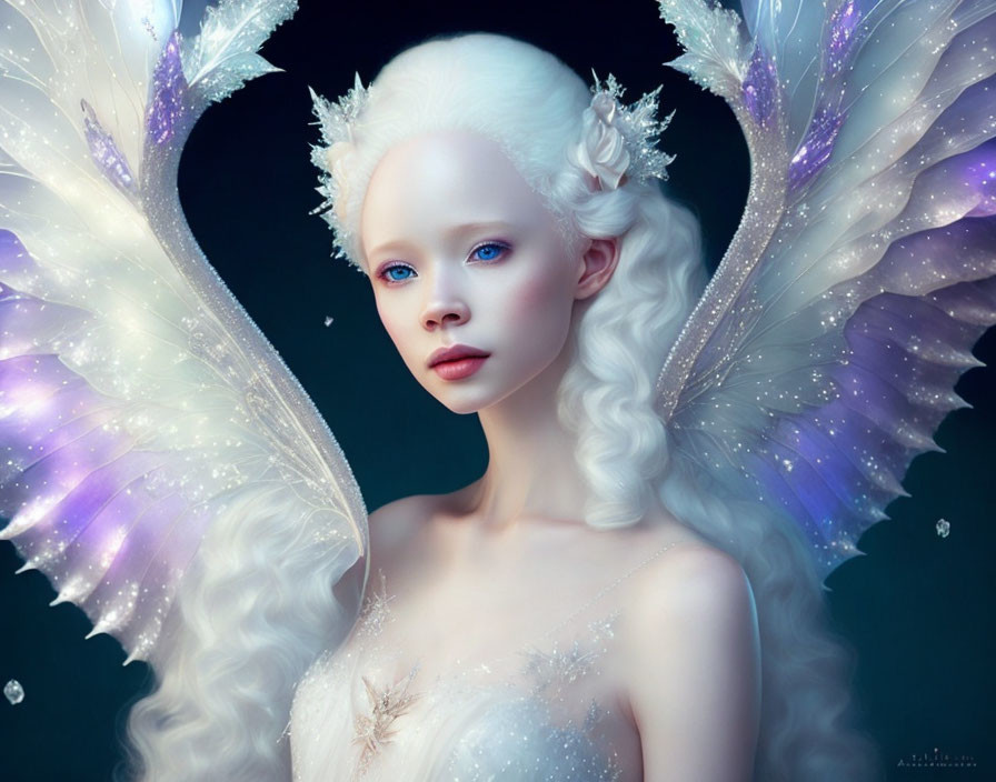 Translucent iridescent wings, alabaster skin, white hair with flowers - ethereal being